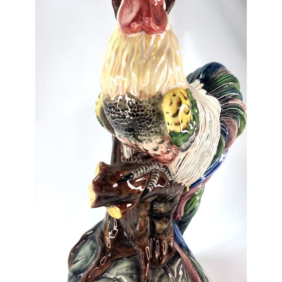17" Italian Majolica Lamp Base Rooster & Tree Figurine Italy Hand Painted Signed - Picture 9 of 16